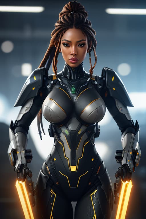  cgmech, beautiful eyes, upper body, underboob, portrait, robot, armor, black women, neon light, 8K, RAW, best quality, masterpiece, ultra high res, colorful, (medium wide shot), (dynamic perspective), sharp focus , (depth of field, bokeh:1.3), extremely detailed eyes and face, beautiful detailed eyes,large breasts,(black gold, trimmed gear:1.2),(In a futuristic weapons factory:1.2), ((masterpiece, best quality)), <lora:more details:0.3> Detailed background, spaceship interior <lora:Niji:0.5> , african dreadlock hyperrealistic, full body, detailed clothing, highly detailed, cinematic lighting, stunningly beautiful, intricate, sharp focus, f/1. 8, 85mm, (centered image composition), (professionally color graded), ((bright soft diffused light)), volumetric fog, trending on instagram, trending on tumblr, HDR 4K, 8K