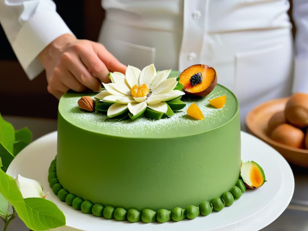  A minimalistic image of a skilled pastry chef meticulously crafting a delicate and intricate sugar flower, surrounded by sustainable baking ingredients like locally sourced fruits and nuts, set against a backdrop of a lush, green garden. The chef's hands are expertly shaping the sugar petals with precision, showcasing the artistry and dedication involved in sustainable baking practices. The image conveys a sense of craftsmanship, creativity, and respect for nature, perfectly capturing the essence of sustainable pastry making. hyperrealistic, full body, detailed clothing, highly detailed, cinematic lighting, stunningly beautiful, intricate, sharp focus, f/1. 8, 85mm, (centered image composition), (professionally color graded), ((bright soft diffused light)), volumetric fog, trending on instagram, trending on tumblr, HDR 4K, 8K