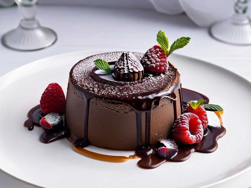  A closeup, ultradetailed image of a perfectly plated dessert on a sleek, modern white plate. The dessert is a decadent chocolate lava cake with a glossy ganache drizzle, adorned with fresh raspberries and a delicate mint leaf. The lighting is soft, casting a subtle shadow that adds depth to the presentation. The focus is crystal clear, capturing every tiny detail from the velvety texture of the cake to the vibrant red of the berries. hyperrealistic, full body, detailed clothing, highly detailed, cinematic lighting, stunningly beautiful, intricate, sharp focus, f/1. 8, 85mm, (centered image composition), (professionally color graded), ((bright soft diffused light)), volumetric fog, trending on instagram, trending on tumblr, HDR 4K, 8K