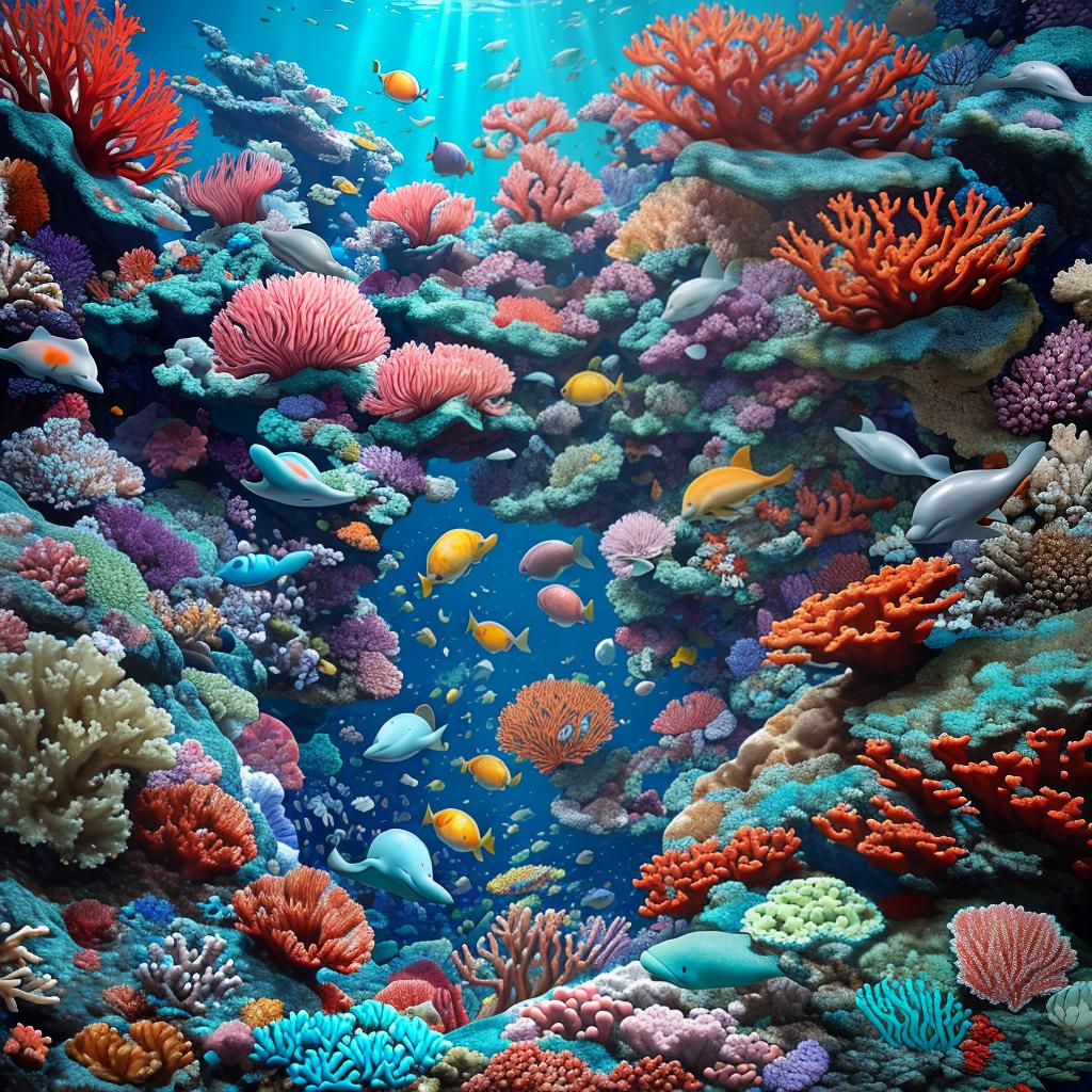  masterpiece, best quality, beautiful deep sea full of corals, diverse marine life and fascinating underwater landscapes with corals, appendages, small fish, anemones, dolphins, various algae, caves, colorful, 8k resolution and intricate detail