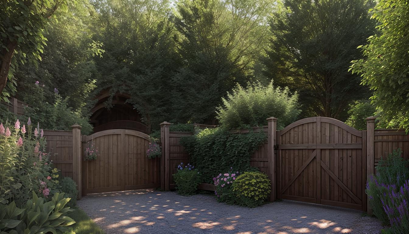  cinematic, aesthetic, A sturdy wooden fence, partially open gate, garden blooming behind it, sunlight streaming through, sense of protection, boundaries, balance, 4k, HDR, lens flare