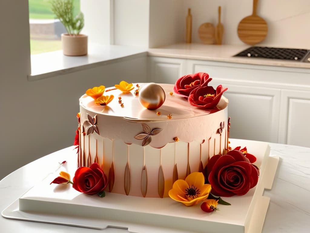  A photorealistic image of a modern, sleek kitchen with marble countertops and rose gold accents. In the center of the kitchen island, there is a beautifully decorated cake with intricate piping details and vibrant edible flowers. The sunlight streaming in through the large windows casts a warm glow on the scene, highlighting the fine craftsmanship of the cake and the luxurious design of the kitchen. hyperrealistic, full body, detailed clothing, highly detailed, cinematic lighting, stunningly beautiful, intricate, sharp focus, f/1. 8, 85mm, (centered image composition), (professionally color graded), ((bright soft diffused light)), volumetric fog, trending on instagram, trending on tumblr, HDR 4K, 8K