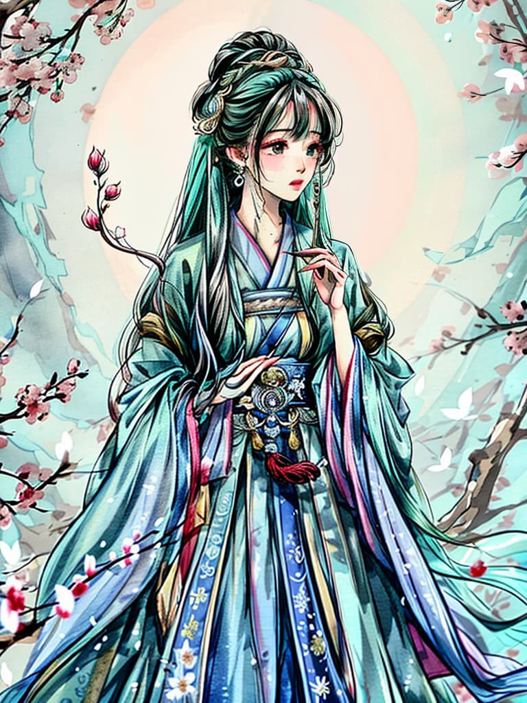  shukezouma, negative space, , shuimobysim ,traditional chinese ink painting， My hair is a light ice blue, fluttering in the wind, with cherry blossoms entwined around my hair, appearing particularly enchanting. A pair of emerald green eyes, no matter how brilliant the gemstone is, it cannot conceal the radiance inside. Sharp ears protrude from the hair, cute and playful. But like all elves, wearing a wizard's robe hyperrealistic, full body, detailed clothing, highly detailed, cinematic lighting, stunningly beautiful, intricate, sharp focus, f/1. 8, 85mm, (centered image composition), (professionally color graded), ((bright soft diffused light)), volumetric fog, trending on instagram, trending on tumblr, HDR 4K, 8K