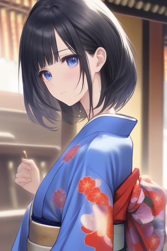  kimono,Japanese,Azisai,Blue,black hair