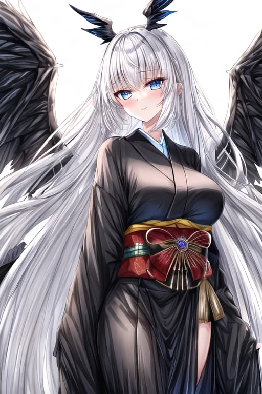  long shiny har,white hair,costume black and white symbolizing balance,constume of women warrior,magic,detailed,light eyes,blue eyes,kimono,big wings,