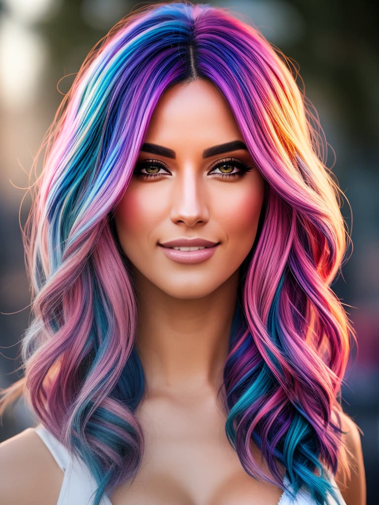  multicolor hair, HD, very detailed, sultry sexy smile, full body, hyperrealistic, full body, highly detailed, cinematic lighting, intricate, sharp focus, f/1. 8, 85mm, (centered image composition), (professionally color graded), ((bright soft diffused light)), volumetric fog, trending on instagram, HDR 4K, 8K