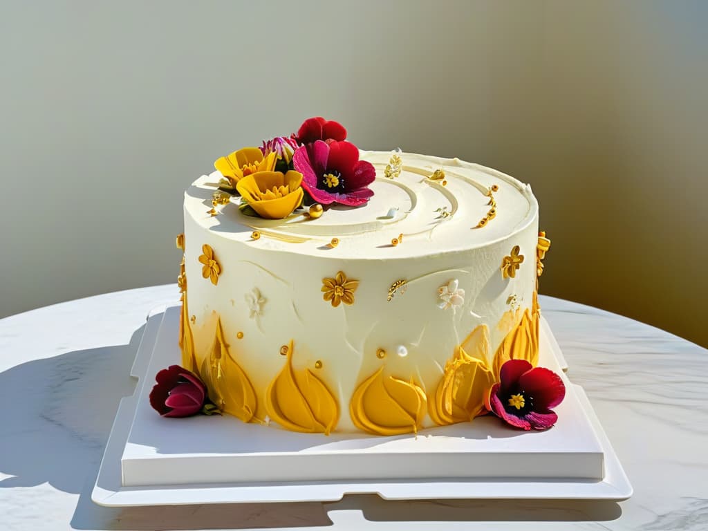  An intricately decorated cake sitting on a marble countertop, with layers of colorful frosting elegantly swirling around it. The cake is adorned with vibrant edible flowers and delicate gold leaf accents, creating a visually stunning and appetizing masterpiece. The background is softly blurred to keep the focus on the intricate details of the cake, highlighting the artistry and skill involved in pastry decoration. hyperrealistic, full body, detailed clothing, highly detailed, cinematic lighting, stunningly beautiful, intricate, sharp focus, f/1. 8, 85mm, (centered image composition), (professionally color graded), ((bright soft diffused light)), volumetric fog, trending on instagram, trending on tumblr, HDR 4K, 8K