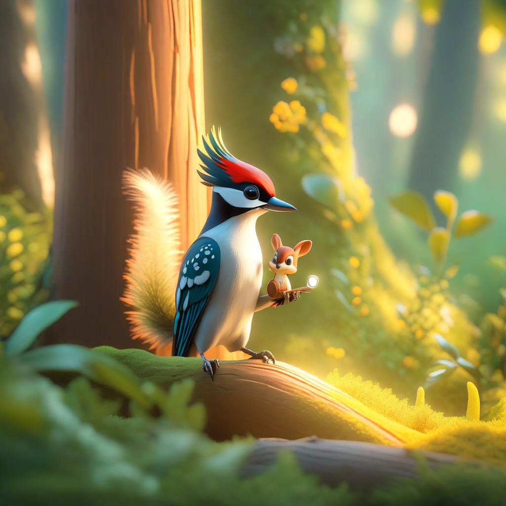  ethereal fantasy concept art of (A woodpecker doctor) begins diagnosing a tree and a cheerful little squirrel observes his work, wanting to know the results of his treatment. Fantasy style, fairy tale, adorable anthropophoric animals. . magnificent, celestial, ethereal, painterly, epic, majestic, magical, fantasy art, cover art, dreamy hyperrealistic, full body, detailed clothing, highly detailed, cinematic lighting, stunningly beautiful, intricate, sharp focus, f/1. 8, 85mm, (centered image composition), (professionally color graded), ((bright soft diffused light)), volumetric fog, trending on instagram, trending on tumblr, HDR 4K, 8K