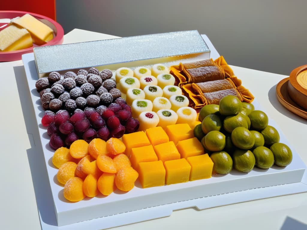  An intricately designed silver tray filled with a colorful array of traditional Ottoman Empire sweets, showcasing delicate patterns and vibrant hues. The sweets include baklava, Turkish delight, and pistachioencrusted treats, arranged in a visually appealing and appetizing manner. Each dessert is carefully crafted, exuding a sense of luxury and cultural richness that transports the viewer to a historic culinary journey. The background is a simple, elegant white surface that enhances the vivid colors and intricate details of the sweets, creating a visually striking and minimalistic composition that perfectly complements the article's theme of Ottoman Empire gastronomy. hyperrealistic, full body, detailed clothing, highly detailed, cinematic lighting, stunningly beautiful, intricate, sharp focus, f/1. 8, 85mm, (centered image composition), (professionally color graded), ((bright soft diffused light)), volumetric fog, trending on instagram, trending on tumblr, HDR 4K, 8K