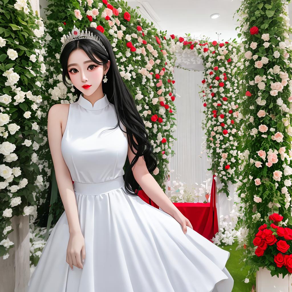  Masterpiece, best quality, please help me generate a beautiful woman photo, big eyes, high nose, black hair, white skin, tall figure, wearing a red dress, greet me, must match my brother