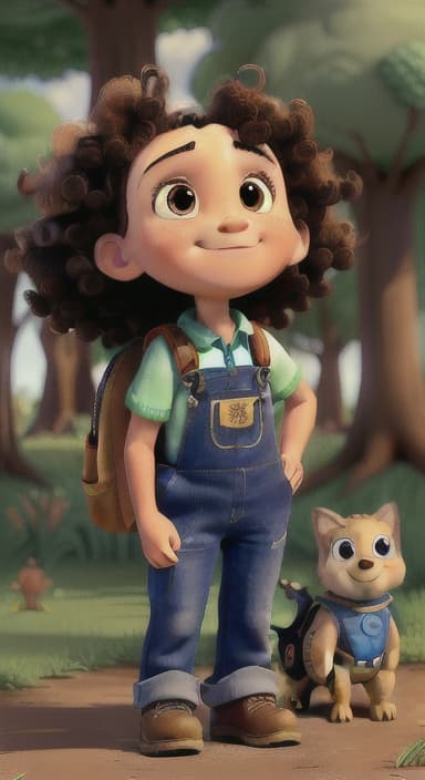  {Riley looking up at the tree with a big smile, animals surrounding them., Riley, a curious with big brown eyes and curly hair, wearing overalls and carrying a small backpack. Their friend, Skye, a bluebird with shiny feathers.