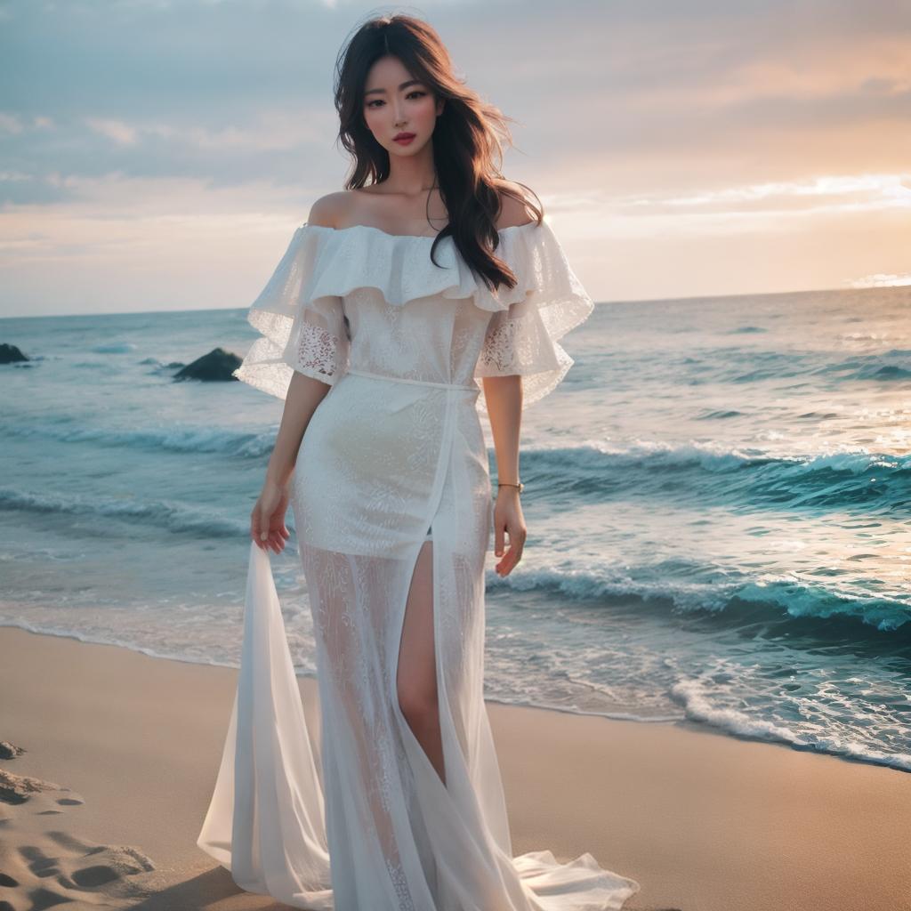  Girl on the beach hyperrealistic, full body, detailed clothing, highly detailed, cinematic lighting, stunningly beautiful, intricate, sharp focus, f/1. 8, 85mm, (centered image composition), (professionally color graded), ((bright soft diffused light)), volumetric fog, trending on instagram, trending on tumblr, HDR 4K, 8K