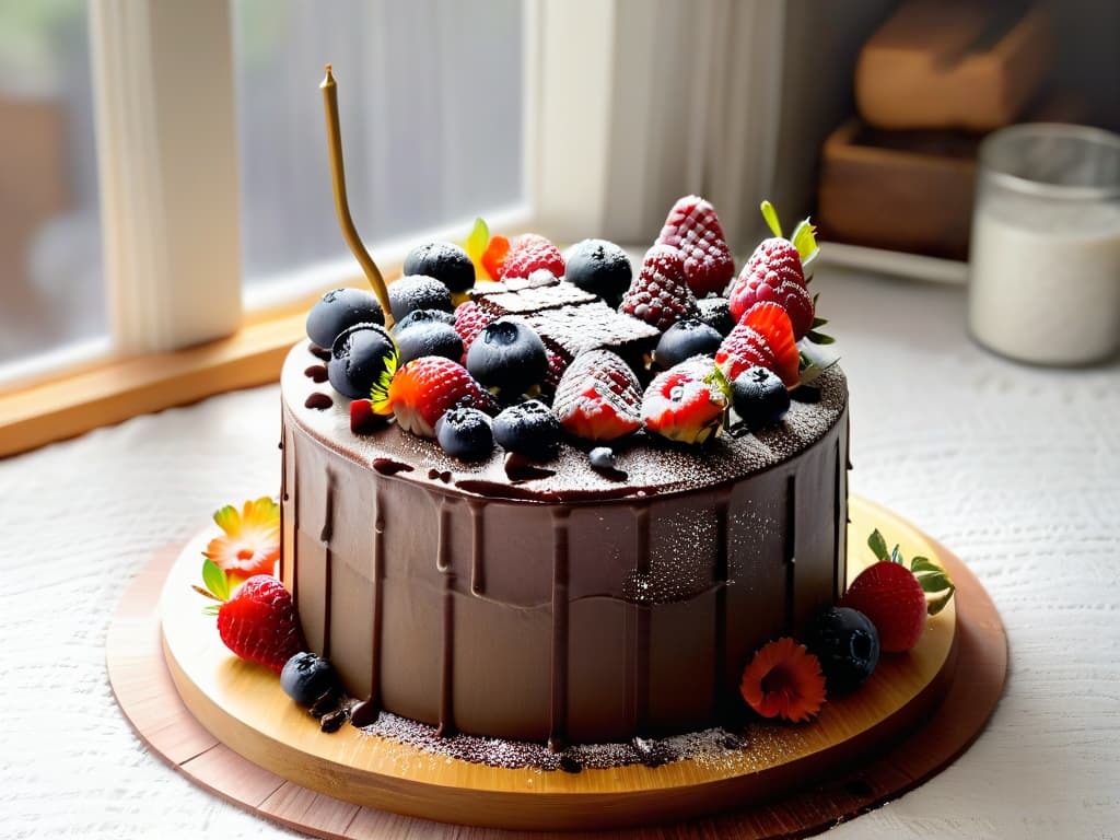  A photorealistic image of a delicate, intricately decorated multilayered cake sitting on a rustic wooden table, surrounded by fresh berries, edible flowers, and dusted with powdered sugar. The cake is adorned with intricate sugar sculptures and chocolate drizzles, showcasing the artistry and attention to detail in pastry making. The soft natural light filtering through a nearby window highlights the textures and colors of the dessert, inviting the viewer to imagine the tantalizing blend of flavors and aromas awaiting their senses. hyperrealistic, full body, detailed clothing, highly detailed, cinematic lighting, stunningly beautiful, intricate, sharp focus, f/1. 8, 85mm, (centered image composition), (professionally color graded), ((bright soft diffused light)), volumetric fog, trending on instagram, trending on tumblr, HDR 4K, 8K