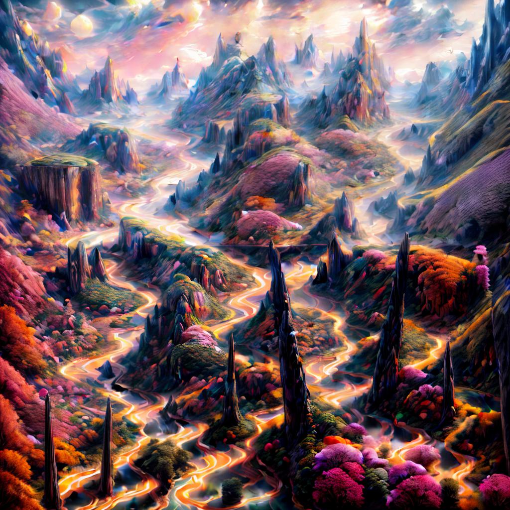  A surreal landscape with floating mountains, glowing flora, and a mystical river flowing through it. The sky is a mix of pastel pinks and oranges, with a soft golden light casting shadows on the ground. The style is dreamlike and ethereal, with intricate details and a sense of otherworldliness. style RAW, best quality, masterpiece