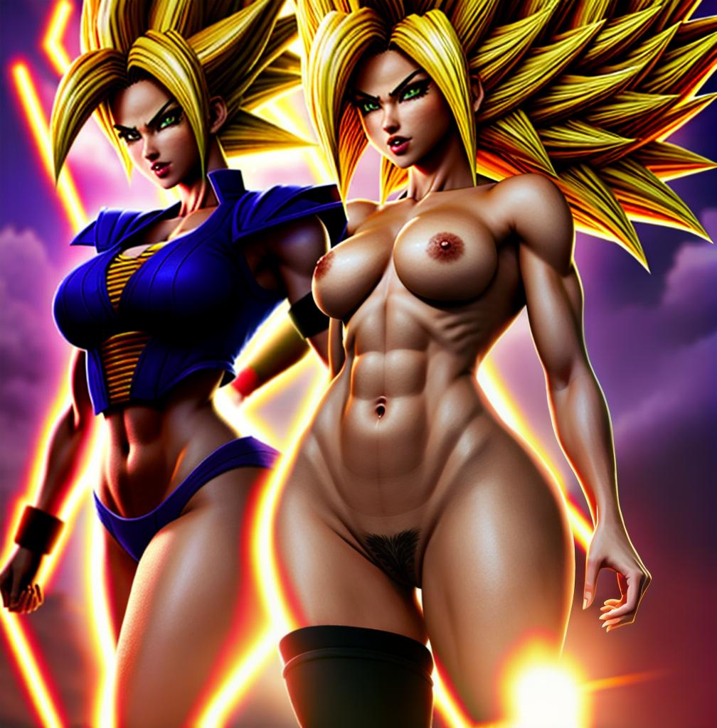  ((foto de cuerpo completo, pie plano, cuerpo recto)), ((laura {Super Super Saiyan mujer con grandes pechos})), ((lleva puesto son goku+Los disfraces de ella son extremadamente ajustados a su cuerpo.))