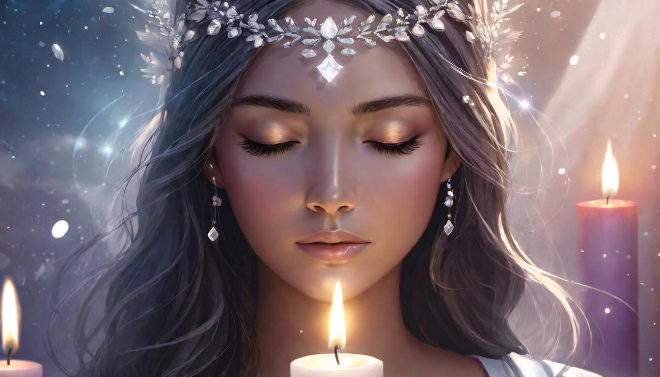  digital illustration, A dedicated meditation space, minimalist design, candles and crystals placed around, figure with eyes closed meditating, soft halo of light around head, intentional focus, serene atmosphere, looking at viewer, dynamic pose, (intricate details, masterpiece, best quality)