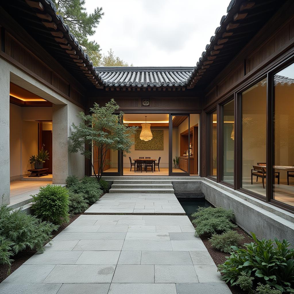  this editorial photography showcases an enclosed courtyard, a serene outdoor space within a building, artfully designed in the chinese modern style. this style is characterized by a harmonious blend of traditional chinese elements with contemporary design features, creating a visually stunning and culturally rich environment. perfect for capturing the essence of modern and traditional fusion in architectural design.