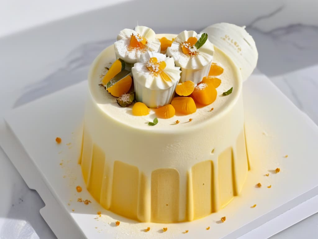  An ultradetailed, minimalist image of a silver kulfi mold filled with creamy kulfi mixture, set against a white marble background with delicate saffron strands sprinkled artfully around the base of the mold. The creamy mixture is slightly rippled to show texture, and the saffron strands glisten in the light, evoking a sense of luxury and indulgence. hyperrealistic, full body, detailed clothing, highly detailed, cinematic lighting, stunningly beautiful, intricate, sharp focus, f/1. 8, 85mm, (centered image composition), (professionally color graded), ((bright soft diffused light)), volumetric fog, trending on instagram, trending on tumblr, HDR 4K, 8K