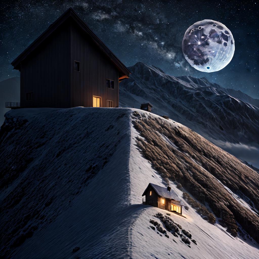  a house on a big mountain by night, moon in sky, starlight , best quality, masterpiece, RAW Photo, ultrahigh res, highly detailed, sharp focus