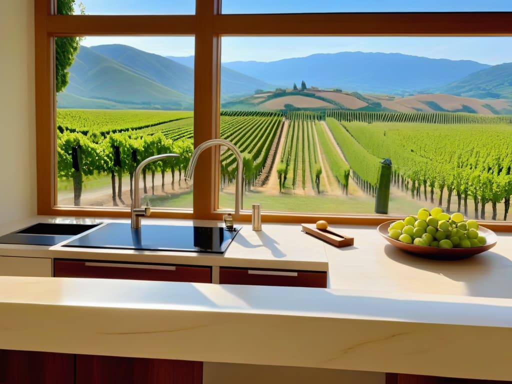  An ultradetailed image of a minimalist, sleek kitchen with marble countertops, gold accents, and a large window overlooking a scenic view of rolling hills and vineyards. In the center of the kitchen, there is a pristine white marble island with a selection of piping bags, pastry tips, and ingredients neatly arranged. The natural light streaming in through the window casts a soft, warm glow on the elegant setup, creating a serene and inviting atmosphere for culinary exploration and creativity. hyperrealistic, full body, detailed clothing, highly detailed, cinematic lighting, stunningly beautiful, intricate, sharp focus, f/1. 8, 85mm, (centered image composition), (professionally color graded), ((bright soft diffused light)), volumetric fog, trending on instagram, trending on tumblr, HDR 4K, 8K