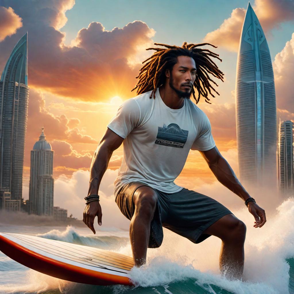  an urban male with dreadlocks surfing on a surfboard in a cloud city. The male surfer has distinctive dreadlocks and urban-style clothing that includes a cool graphic t-shirt, baggy shorts, and high-top sneakers. The cloud city is depicted with soft, fluffy cloud-based infrastructure resembling an urban skyline. The composition conveys motion and a sense of freedom as he maneuvers his surfboard expertly through the ethereal cityscape, with a sunset in the background casting a golden hue over the scene. hyperrealistic, full body, detailed clothing, highly detailed, cinematic lighting, stunningly beautiful, intricate, sharp focus, f/1. 8, 85mm, (centered image composition), (professionally color graded), ((bright soft diffused light)), volumetric fog, trending on instagram, trending on tumblr, HDR 4K, 8K