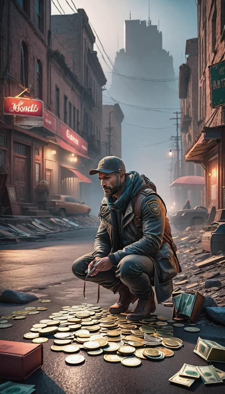  Post apocalyptic style depiction of Counting money on car . Futuristic, technological, survival in the wasteland, desolate cities, and the resilience and survival instincts of humanity theme. hyperrealistic, full body, detailed clothing, highly detailed, cinematic lighting, stunningly beautiful, intricate, sharp focus, f/1. 8, 85mm, (centered image composition), (professionally color graded), ((bright soft diffused light)), volumetric fog, trending on instagram, trending on tumblr, HDR 4K, 8K