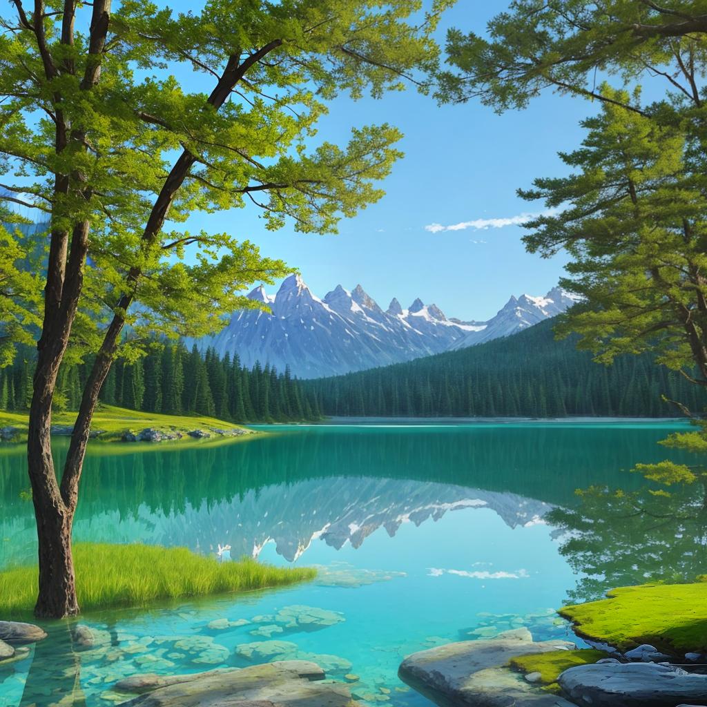  as a painting, Convey the serene majesty of towering mountains reflected in the crystal-clear waters of a tranquil alpine lake, using your unique artistic vision to evoke a sense of awe and tranquility.