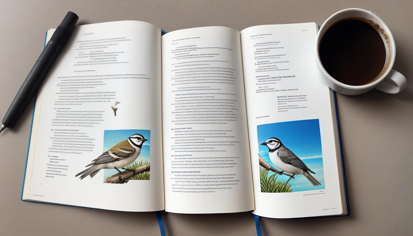  digital illustration, Close up of bird guidebook with notes, binoculars beside it, coffee cup stains on page corners, personal touch, preparation and effort, looking at viewer, dynamic pose, (intricate details, masterpiece, best quality)