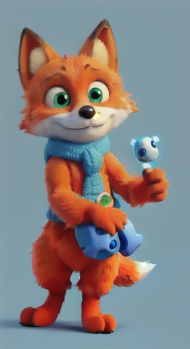  {Error the fox pressing the blue button with his paw, looking puzzled as nothing occurs., Error is a small, bright orange fox with a fluffy tail and big, inquisitive eyes. He has a mischievous yet kind expression and wears a tiny green scarf.