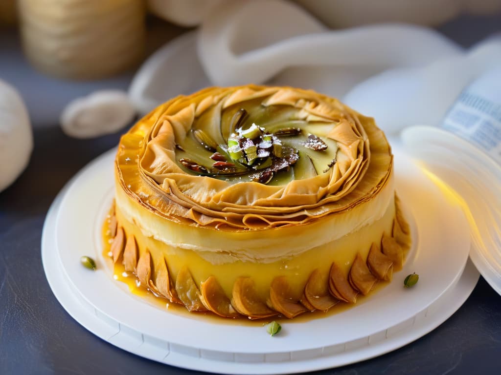  A mesmerizing photorealistic closeup image of layers of golden, flaky phyllo pastry delicately brushed with glistening honey syrup. The baklava is intricately arranged in a circular pattern, showcasing finely chopped pistachios and walnuts peeking through the top layer, promising a symphony of textures and flavors. The lighting captures the baklava's richness, with a soft glow highlighting the dessert's luxurious and indulgent nature. hyperrealistic, full body, detailed clothing, highly detailed, cinematic lighting, stunningly beautiful, intricate, sharp focus, f/1. 8, 85mm, (centered image composition), (professionally color graded), ((bright soft diffused light)), volumetric fog, trending on instagram, trending on tumblr, HDR 4K, 8K