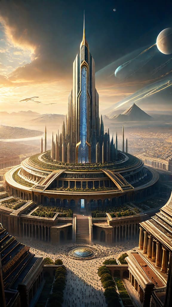  (An image depicting an advanced ancient civilization with grand, ornate architectural structures powered by some form of atmospheric or frequency based energy. The setting should be a bustling city or metropolis, with soaring towers, domes, and intricate designs that suggest a high level of technological and engineering prowess. The cityscape should have a timeless, yet futuristic feel, hinting at the Tartarians' mastery of unconventional forms of energy and their ability to create structures beyond our current understanding. The image should convey a sense of awe and wonder at the Tartarians' remarkable achievements, which have been hidden from modern society.) hyperrealistic, full body, detailed clothing, highly detailed, cinematic lighting, stunningly beautiful, intricate, sharp focus, f/1. 8, 85mm, (centered image composition), (professionally color graded), ((bright soft diffused light)), volumetric fog, trending on instagram, trending on tumblr, HDR 4K, 8K