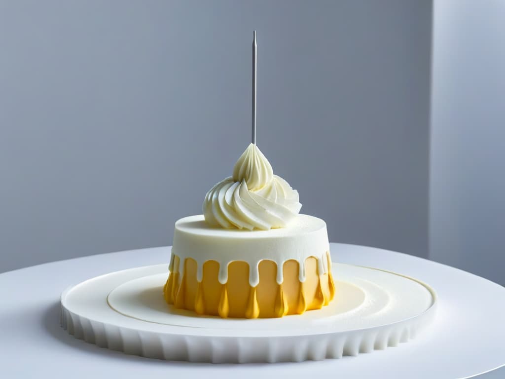  A sleek, minimalistic image showcasing a gravitydefying 3D printed dessert masterpiece. The dessert is intricately designed with delicate layers and geometric patterns, perched elegantly on a pristine white plate in a softly lit room. The dessert appears to float effortlessly in midair, casting a subtle shadow below. Every detail of the dessert is sharply defined, highlighting the precision and artistry of 3D printing technology in creating culinary marvels. hyperrealistic, full body, detailed clothing, highly detailed, cinematic lighting, stunningly beautiful, intricate, sharp focus, f/1. 8, 85mm, (centered image composition), (professionally color graded), ((bright soft diffused light)), volumetric fog, trending on instagram, trending on tumblr, HDR 4K, 8K