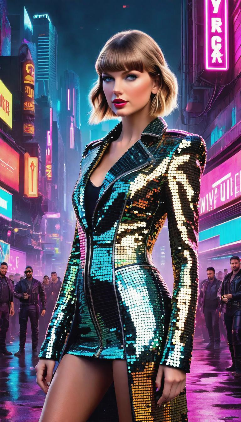  Cyberpunk style depiction of Taylor Swift in sequins. The scene is set in a world where technology has advanced, but society and human conditions have not, creating a gritty, dystopian atmosphere. hyperrealistic, full body, detailed clothing, highly detailed, cinematic lighting, stunningly beautiful, intricate, sharp focus, f/1. 8, 85mm, (centered image composition), (professionally color graded), ((bright soft diffused light)), volumetric fog, trending on instagram, trending on tumblr, HDR 4K, 8K