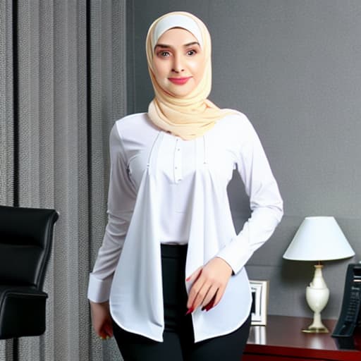  A office wearing micro, tight white formal office shirt, wearing hijab, -look, big , no , her big hard is clearly visible through the shirt, showing her body.