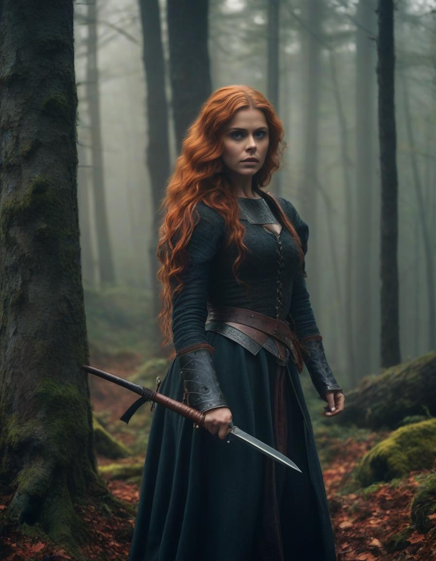  cinematic film still The era of medieval wars, a frame from a film, the most detailed image, cloudy and foggy autumn morning, rain, Chloe Grace Moretz with long light red hair, in a dark forest robber costume, holding a hunting knife in her right hand, with a combat dynamic expressive pose, prepared for battle, forest, maximum detail, especially carefully drawn faces, the maximum correspondence of historical medieval clothes, small details, the most correct anatomy, . shallow depth of field, vignette, highly detailed, high budget, bokeh, cinemascope, moody, epic, gorgeous, film grain, grainy hyperrealistic, full body, detailed clothing, highly detailed, cinematic lighting, stunningly beautiful, intricate, sharp focus, f/1. 8, 85mm, (centered image composition), (professionally color graded), ((bright soft diffused light)), volumetric fog, trending on instagram, trending on tumblr, HDR 4K, 8K