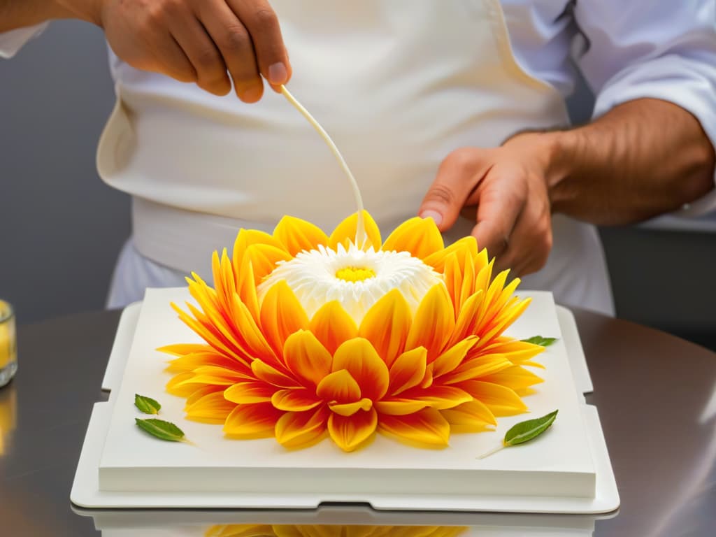  An ultradetailed image of a delicate, intricate sugar flower being meticulously crafted by a skilled pastry chef's hands. The image shows the chef's focused expression, capturing the precise and artful process of creating a masterpiece in a minimalist setting with soft, natural lighting accentuating every detail of the intricate sugar petals and leaves. hyperrealistic, full body, detailed clothing, highly detailed, cinematic lighting, stunningly beautiful, intricate, sharp focus, f/1. 8, 85mm, (centered image composition), (professionally color graded), ((bright soft diffused light)), volumetric fog, trending on instagram, trending on tumblr, HDR 4K, 8K