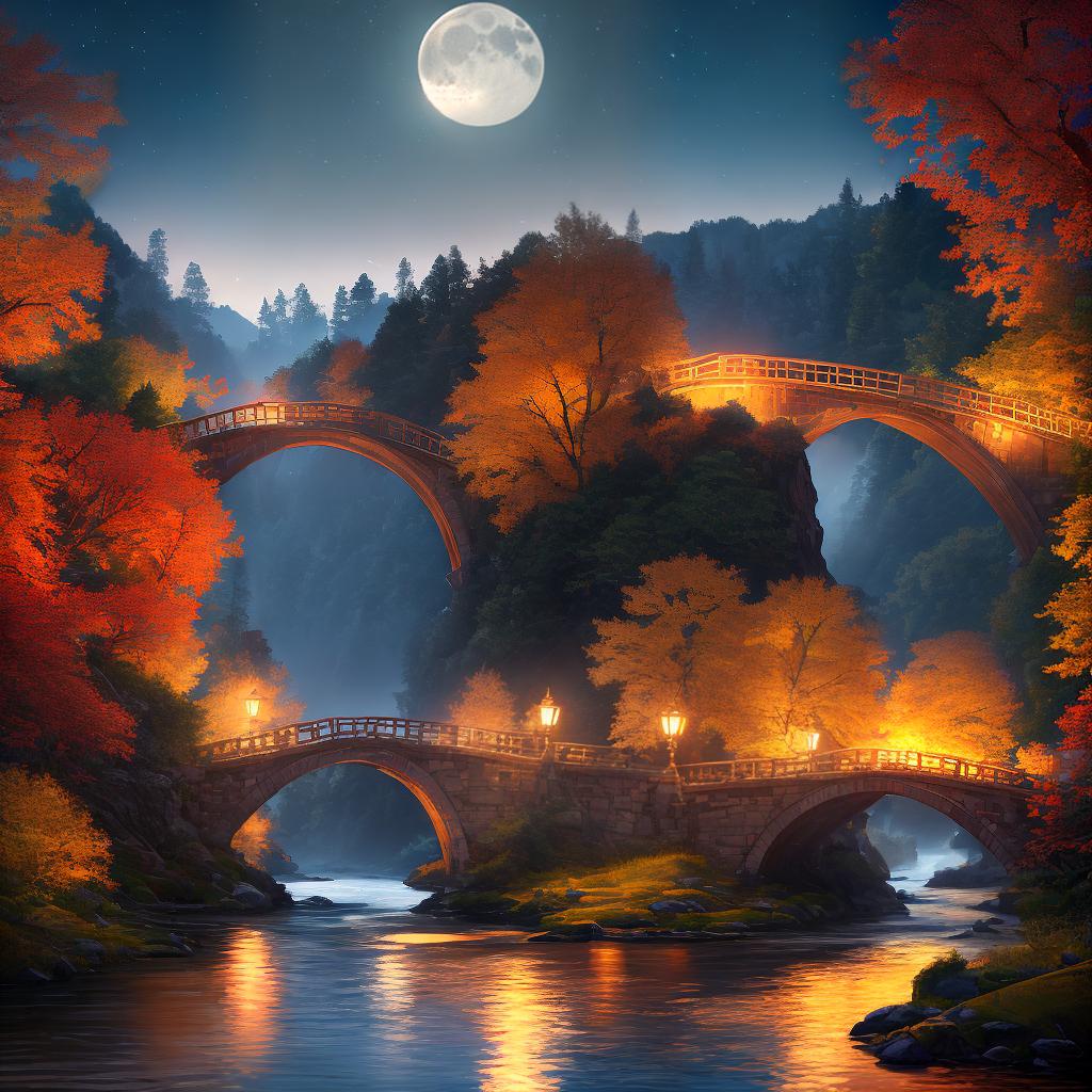  ((Masterpiece)), (((best quality))), 8k, high detailed, ultra-detailed. A serene night scene with a tranquil river flowing under a majestic bridge. The moon shines brightly, casting a soft glow on the surrounding landscapes. In the distance, a temple nestled on a cold mountain is illuminated by flickering fishing lanterns. The sound of a bell echoes through the night, reaching a boat carrying weary travelers. The water ripples gently, reflecting the beauty of the moonlit sky and the vibrant autumn foliage. hyperrealistic, full body, detailed clothing, highly detailed, cinematic lighting, stunningly beautiful, intricate, sharp focus, f/1. 8, 85mm, (centered image composition), (professionally color graded), ((bright soft diffused light)), volumetric fog, trending on instagram, trending on tumblr, HDR 4K, 8K