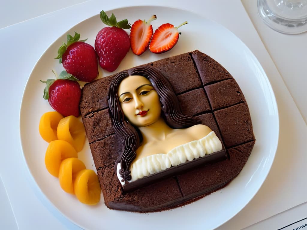  A minimalist, ultradetailed image of a deconstructed Mona Lisa portrait made entirely out of delicate, edible dessert components like spun sugar, intricate chocolate pieces, and vibrant fruit coulis, displayed on a sleek, modern plate. The dessert interpretation captures the essence of Da Vinci's masterpiece through a contemporary culinary lens, with each element meticulously crafted to resemble a specific part of the iconic painting, creating a visually stunning and innovative gastronomic artwork. hyperrealistic, full body, detailed clothing, highly detailed, cinematic lighting, stunningly beautiful, intricate, sharp focus, f/1. 8, 85mm, (centered image composition), (professionally color graded), ((bright soft diffused light)), volumetric fog, trending on instagram, trending on tumblr, HDR 4K, 8K