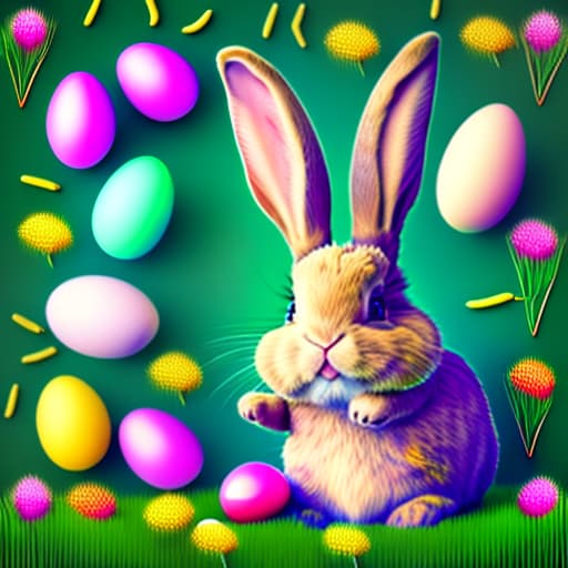 estilovintedois Happy bunny with many Easter eggs on grass festive background for decorative design