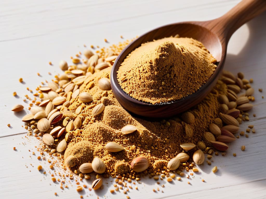  A closeup, highresolution image of a rustic wooden table with scattered golden grains of rye flour, a vintage wooden spoon resting on the side, casting a soft shadow on the textured surface. The natural light streaming in from a nearby window highlights the intricate details of the flour particles, showcasing their fine quality and inviting the viewer to imagine the wholesome aroma and taste of freshly baked rye bread. hyperrealistic, full body, detailed clothing, highly detailed, cinematic lighting, stunningly beautiful, intricate, sharp focus, f/1. 8, 85mm, (centered image composition), (professionally color graded), ((bright soft diffused light)), volumetric fog, trending on instagram, trending on tumblr, HDR 4K, 8K