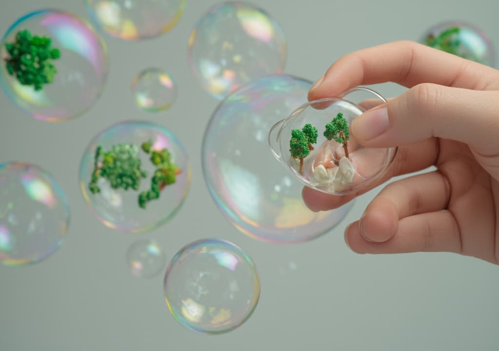  good quality, high quality, a photo of a person crafting miniature landscapes inside soap bubbles. the person has a pair of tweezers in their hand and is carefully inserting tiny trees, mountains, and buildings into a soap bubble. once the bubble world is complete, the person seals the bubble with their finger. the background contains a variety of soap bubbles, each with its own miniature landscape