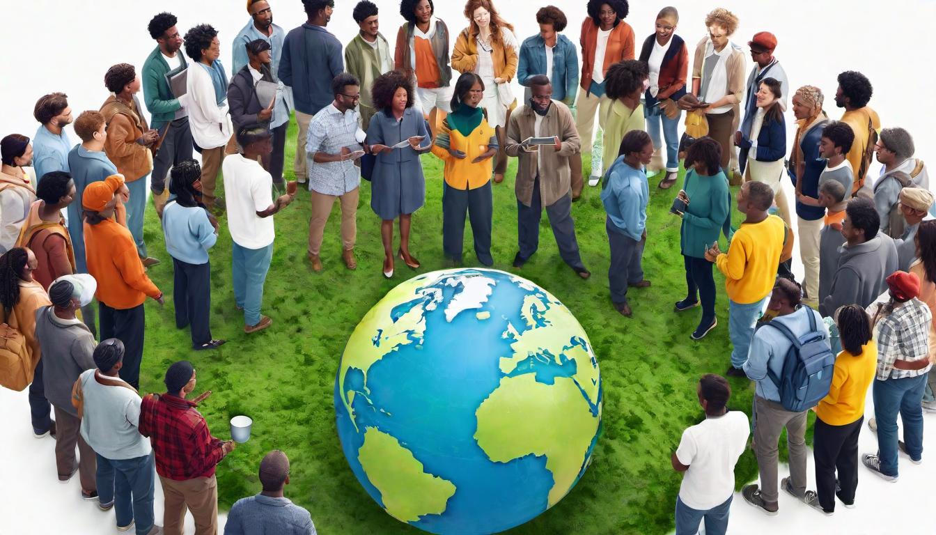  digital illustration A diverse group of people standing in a circle, holding a globe together, each person planting a tree, collective action, sustainability, shared responsibility looking at viewer, dynamic pose, (intricate details, masterpiece, best quality)