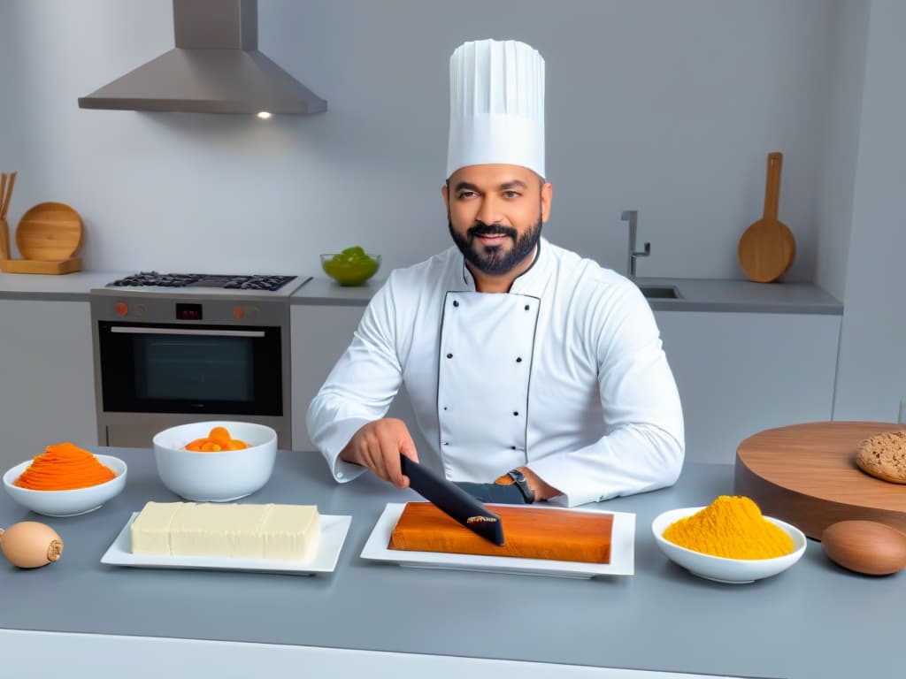  A minimalist image of a chef in a modern kitchen, surrounded by various baking ingredients, with a sleek speaker playing soft classical music in the background, creating a serene and harmonious atmosphere. hyperrealistic, full body, detailed clothing, highly detailed, cinematic lighting, stunningly beautiful, intricate, sharp focus, f/1. 8, 85mm, (centered image composition), (professionally color graded), ((bright soft diffused light)), volumetric fog, trending on instagram, trending on tumblr, HDR 4K, 8K