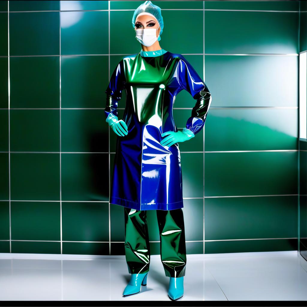  (Extremely detailed), a (standing solo female surgeon) in (glossy latex: 1.2) (dark green: 1.1) and (dark blue: 1.1), (tall: 1.2), (front view: 1.2), (full face: 1.2), is standing alone in the changing room of the waiting room in the operating room in front of a tiled wall, with no one else there • Detailed description: (colors and details of the surgical outfit, only available in a two tone execution: • glossy latex • dark green and dark blue, • no other colors are available). • Surgical garb: (shiny latex. Surgical gown of straight cut: 1.3), (fits around the waist: 1.3), (reaching the knee: 1.3), (closed neckline: 1.3), (no pockets: 1.3), (elastic folds at the waist: 1.3), (long sleeves made of glossy latex: 1.3), (cuffs on rub hyperrealistic, full body, detailed clothing, highly detailed, cinematic lighting, stunningly beautiful, intricate, sharp focus, f/1. 8, 85mm, (centered image composition), (professionally color graded), ((bright soft diffused light)), volumetric fog, trending on instagram, trending on tumblr, HDR 4K, 8K