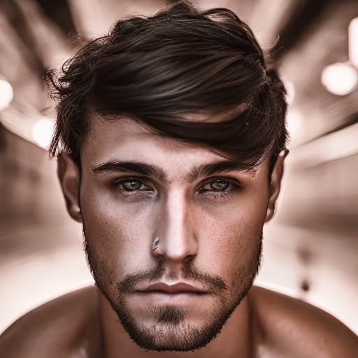 portrait+ style Russian queer fitness model brunette hunk dude face