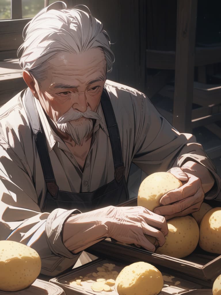  Uncle, white hair, white mustache, thin body, farmer, potato, old man, masterpiece, best quality,8k,ultra detailed,high resolution,an extremely delicate and beautiful,hyper detail