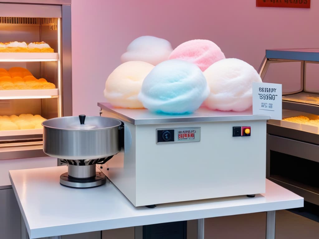  A closeup, ultradetailed image of a sleek, modern cotton candy machine in a pristine white color, showcasing its intricate spinning mechanism and vibrant pastelcolored cotton candy being freshly spun, with a soft focus on a background of a bustling bakery setting filled with colorful baking supplies. hyperrealistic, full body, detailed clothing, highly detailed, cinematic lighting, stunningly beautiful, intricate, sharp focus, f/1. 8, 85mm, (centered image composition), (professionally color graded), ((bright soft diffused light)), volumetric fog, trending on instagram, trending on tumblr, HDR 4K, 8K