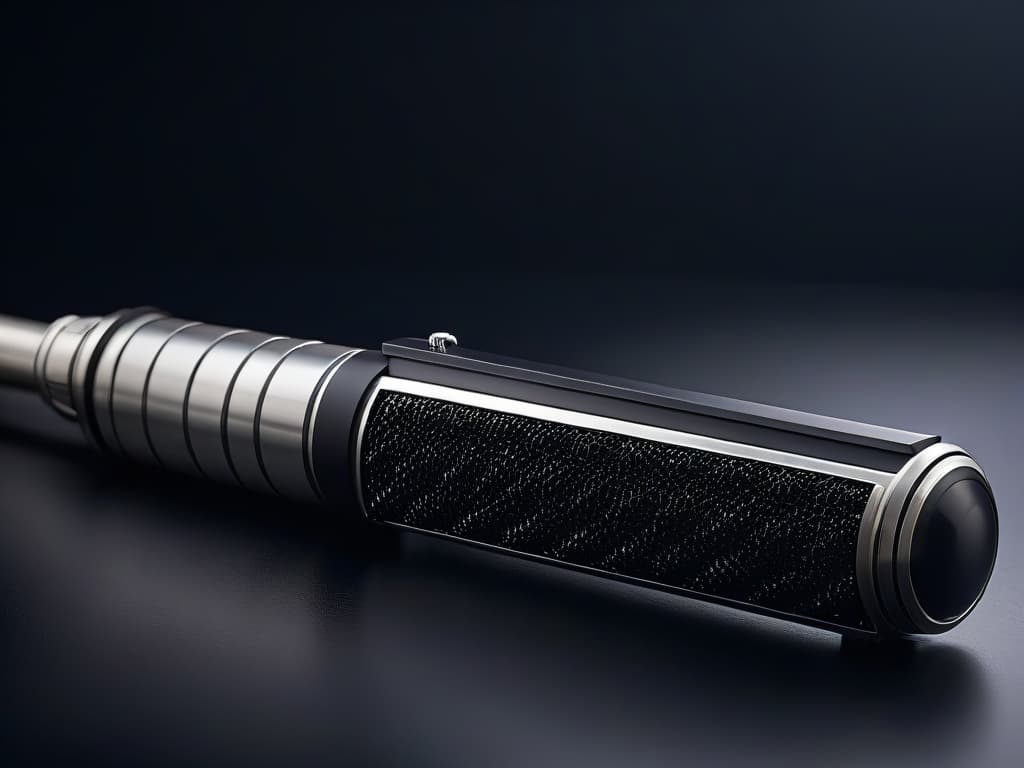  An ultradetailed, minimalistic image of a sleek, silver lightsaber handle adorned with intricate engravings. The handle is set against a stark black background, with a soft glow emanating from the saber's power source, hinting at the elegant power and precision required to create Star Warsinspired pastries like a Jedi master. hyperrealistic, full body, detailed clothing, highly detailed, cinematic lighting, stunningly beautiful, intricate, sharp focus, f/1. 8, 85mm, (centered image composition), (professionally color graded), ((bright soft diffused light)), volumetric fog, trending on instagram, trending on tumblr, HDR 4K, 8K