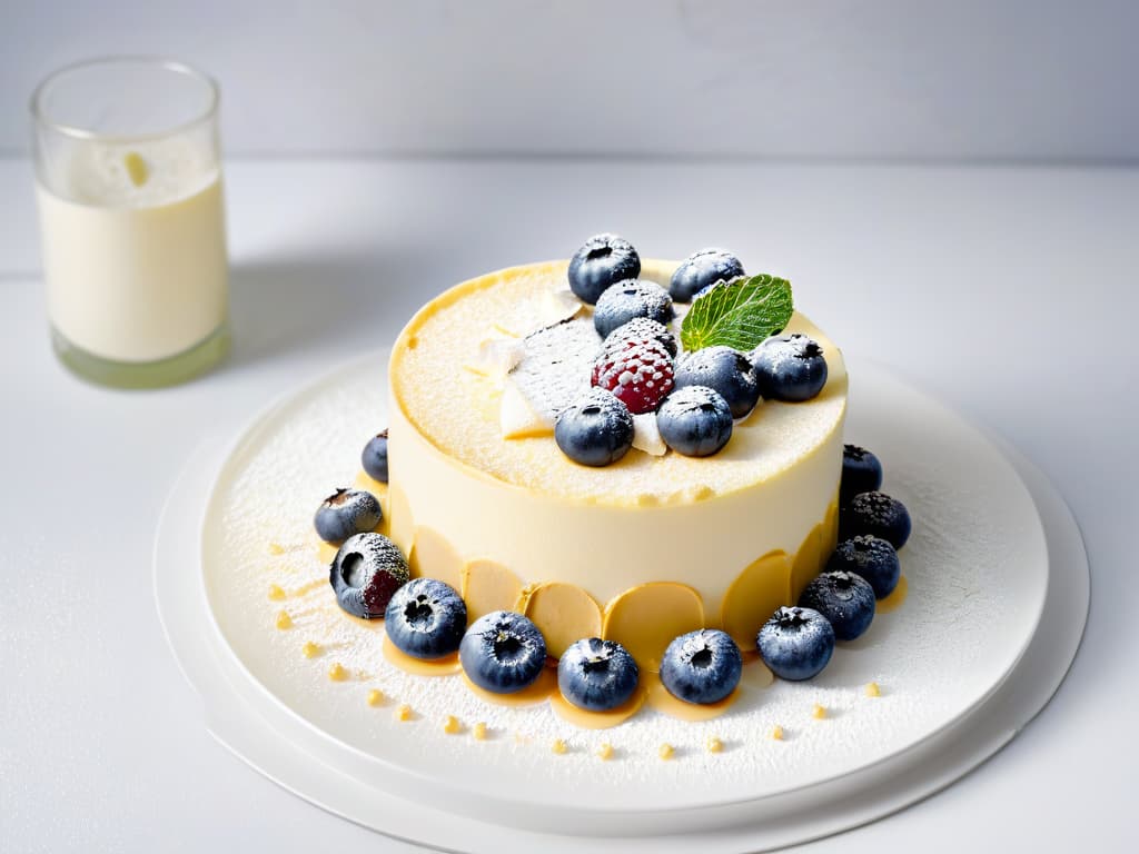  A highresolution, minimalist image of an elegant dessert plate featuring a beautifully crafted ketofriendly cheesecake topped with fresh berries, surrounded by delicate mint leaves on a sleek, modern white plate. The dessert is artfully presented with a dusting of powdered sugar, creating a visually stunning and appetizing composition that perfectly embodies the concept of healthy and delicious keto desserts. The clean lines and subtle color palette of the image evoke a sense of sophistication and culinary excellence, making it an ideal visual representation for the article on the impact of keto desserts on contemporary gastronomic culture. hyperrealistic, full body, detailed clothing, highly detailed, cinematic lighting, stunningly beautiful, intricate, sharp focus, f/1. 8, 85mm, (centered image composition), (professionally color graded), ((bright soft diffused light)), volumetric fog, trending on instagram, trending on tumblr, HDR 4K, 8K