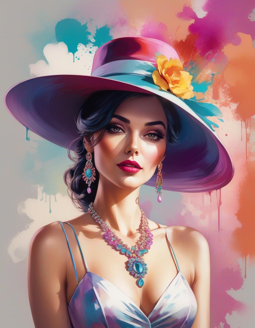  Pop Art style painting of a woman wearing a hat with a necklace, exquisite digital illustration, elegante pintura digital, linda pintura de persona gem, beautiful digital illustration, estilo de pintura digital, linda pintura digital, linda arte digital, no estilo aquarela, pintura linda, no art style by bowater, a beautiful art illustration, no estilo de aquarela digital, with ink blots and paint running down the screen . bright colors, bold outlines, popular culture themes, ironic or kitsch hyperrealistic, full body, detailed clothing, highly detailed, cinematic lighting, stunningly beautiful, intricate, sharp focus, f/1. 8, 85mm, (centered image composition), (professionally color graded), ((bright soft diffused light)), volumetric fog, trending on instagram, trending on tumblr, HDR 4K, 8K